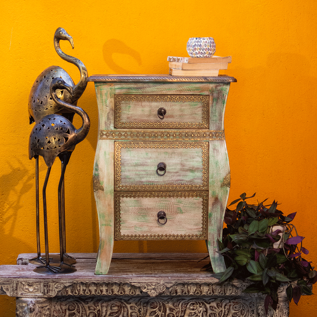 Distressed Green-Brown Wooden Chest of Drawers with Brass Flower Work